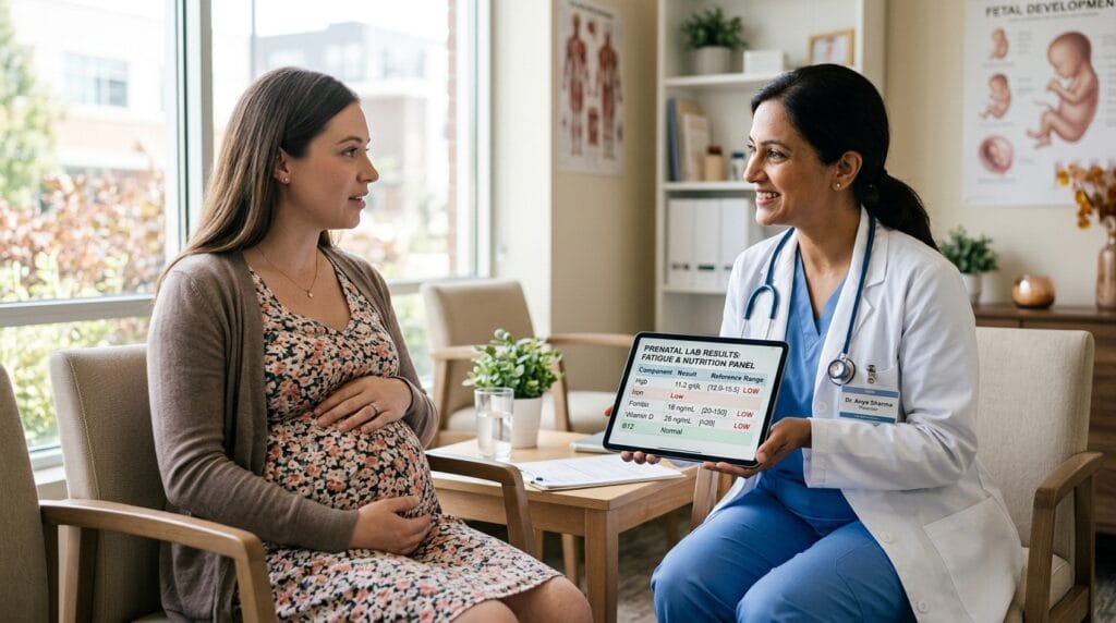 Healthcare provider discussing iron deficiency symptoms during pregnancy