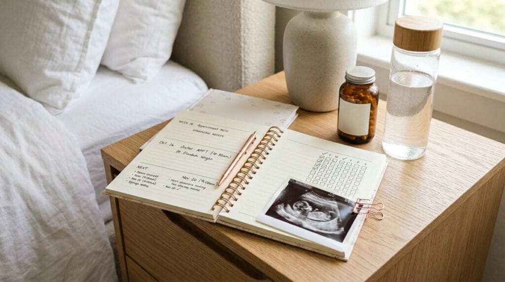 Pregnancy appointment checklist with prenatal vitamins and symptom notes