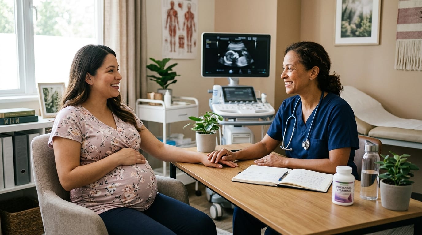 Pregnant woman attending an early prenatal care visit in the first trimester