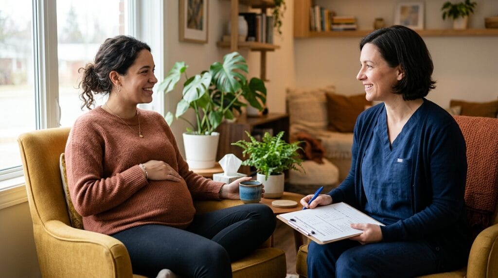 Pregnant woman discussing perinatal mental health screening with her provider