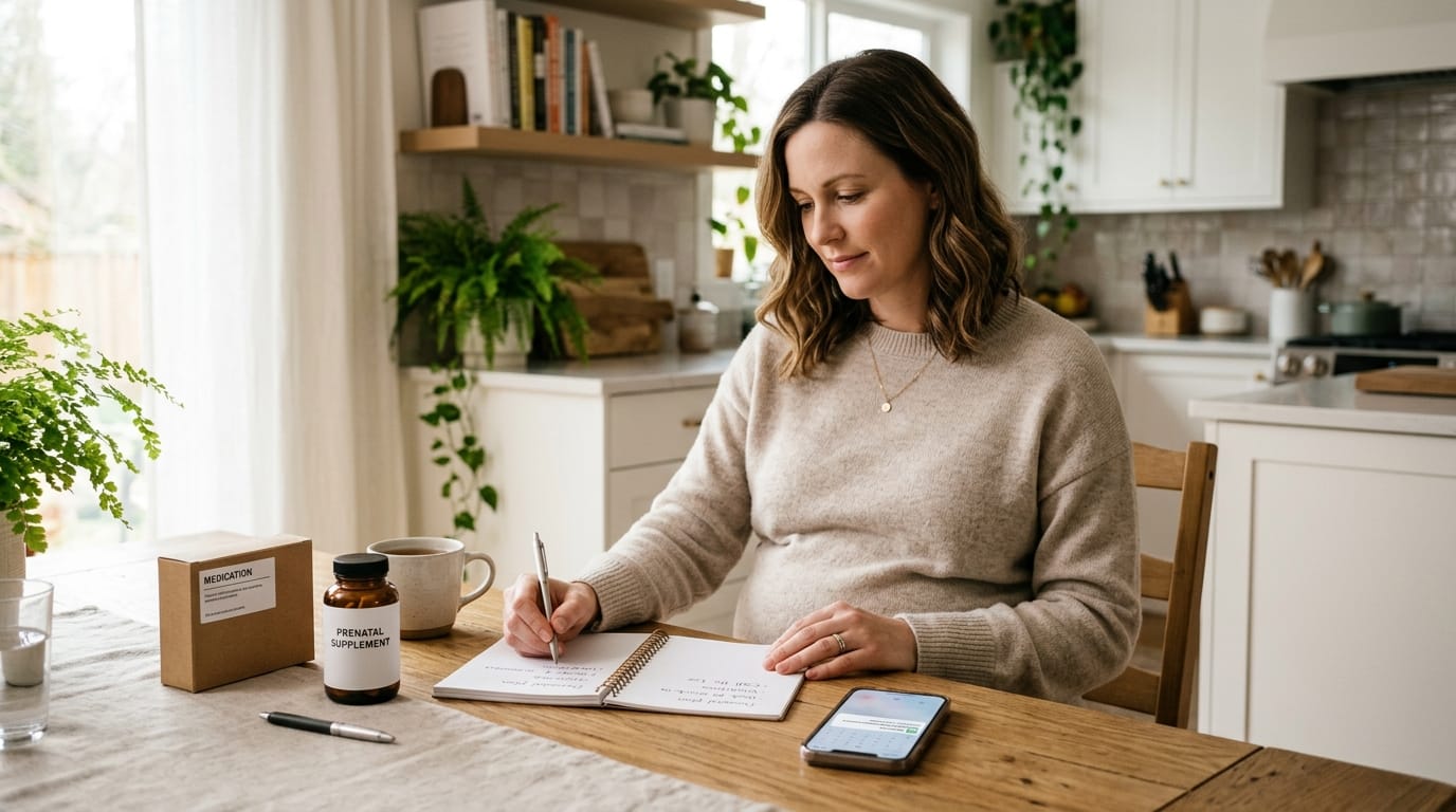 Pregnant woman planning medication questions with her prenatal provider