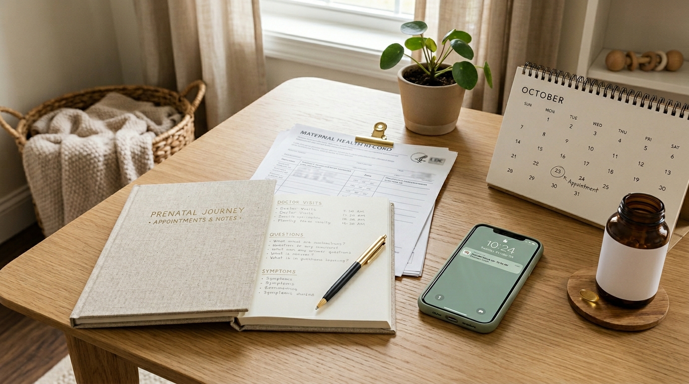 Pregnant woman reviewing measles and pregnancy vaccine records at home