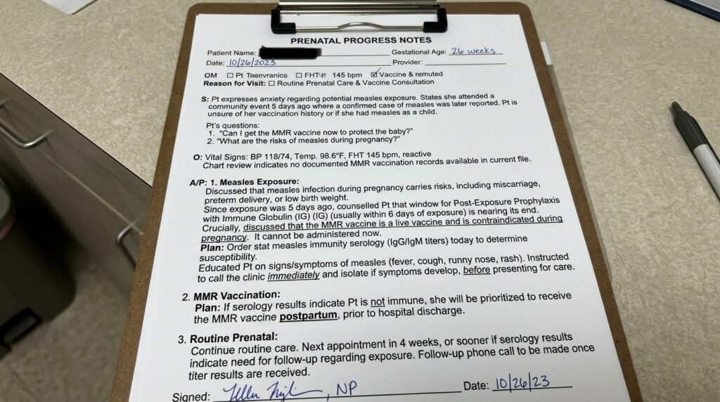 Prenatal appointment notes for measles exposure and MMR vaccine questions