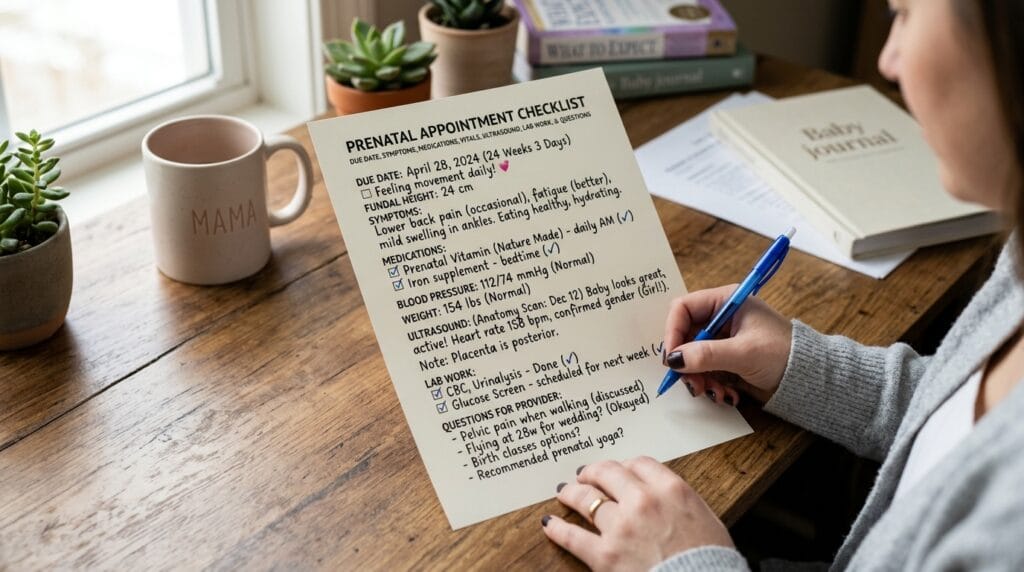First prenatal visit checklist with questions about symptoms labs and pregnancy dating