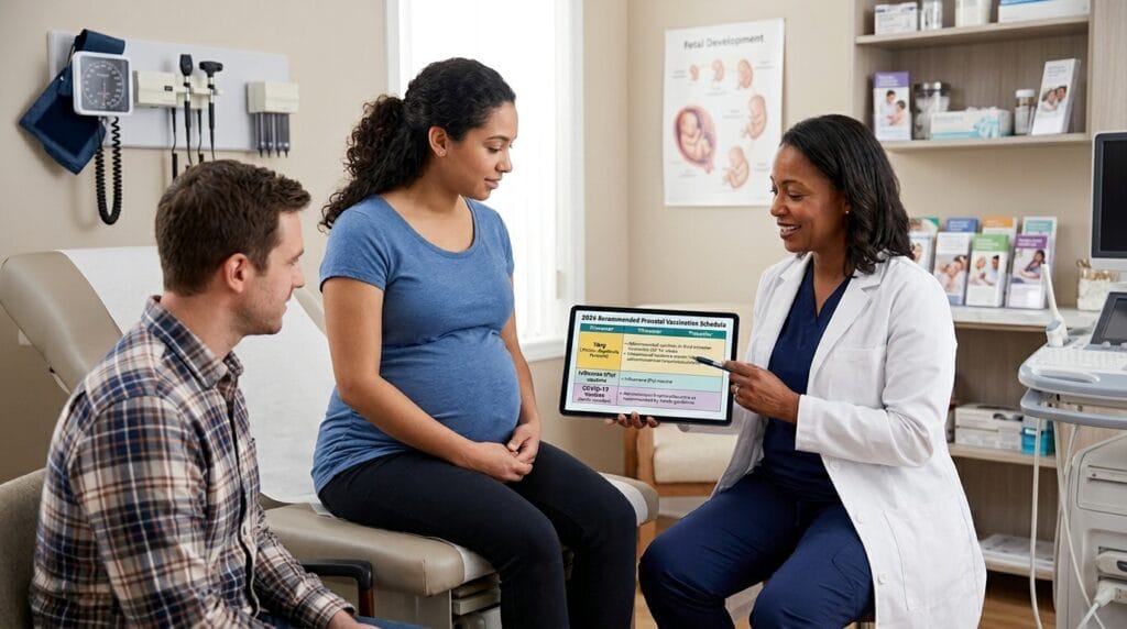 Pregnancy vaccine schedule 2026 reviewed during a prenatal care appointment