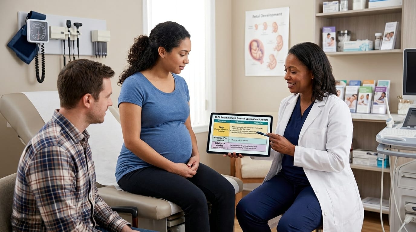 Pregnancy vaccine schedule 2026 reviewed during a prenatal care appointment