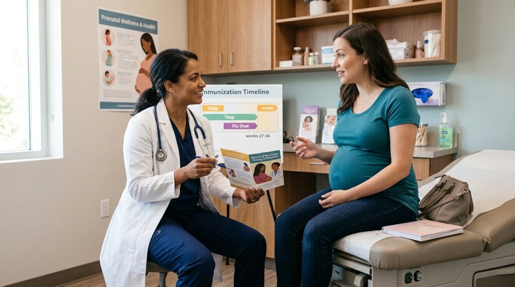 Pregnant patient discussing vaccine timing and safety questions with a healthcare provider