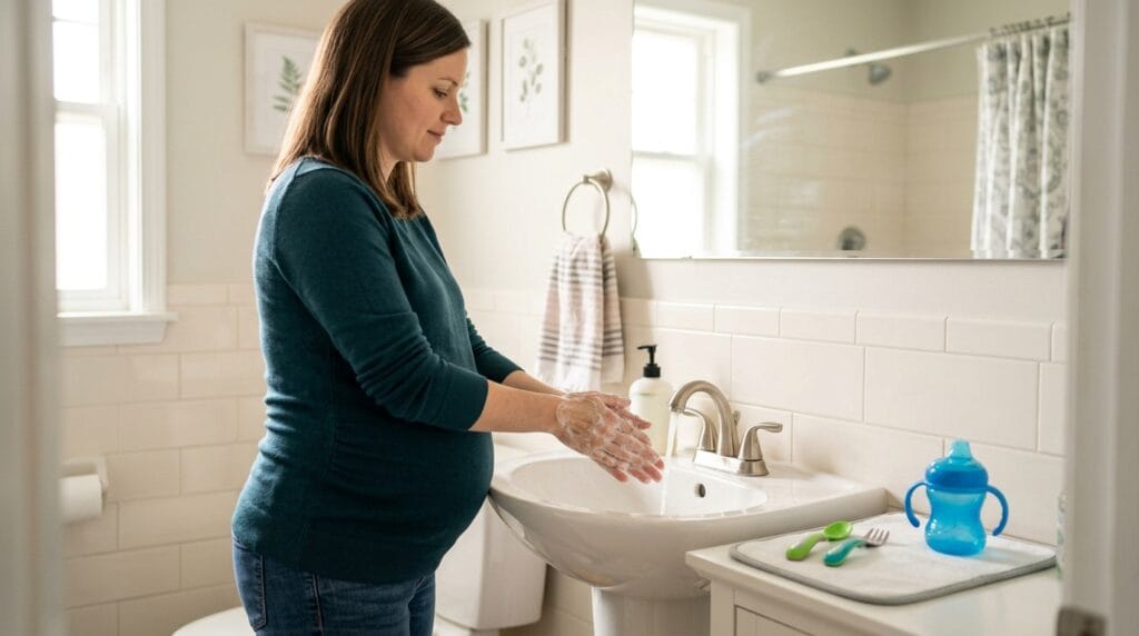 CMV pregnancy hygiene habits with handwashing, separate utensils, and toddler care precautions