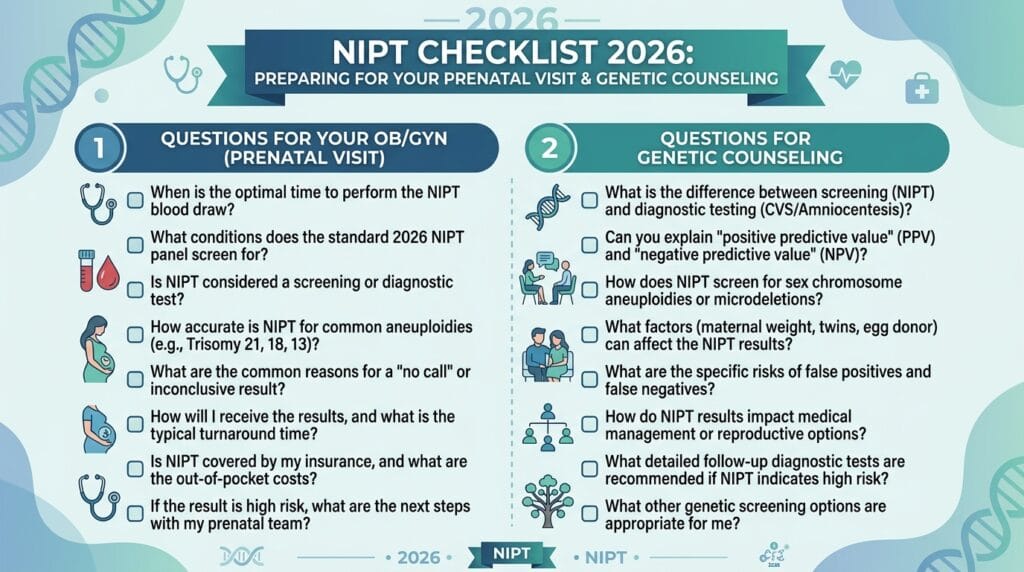 NIPT pregnancy 2026 questions checklist for prenatal visit and genetic counseling