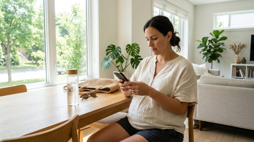 Pregnant woman checking heat and air quality before leaving home