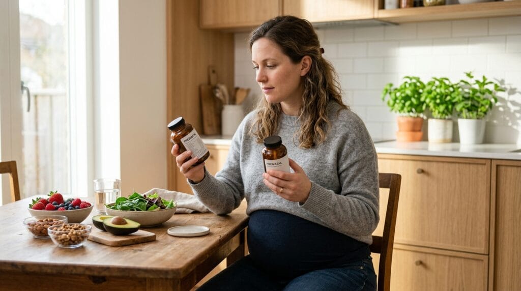 Pregnant woman comparing prenatal vitamins at home