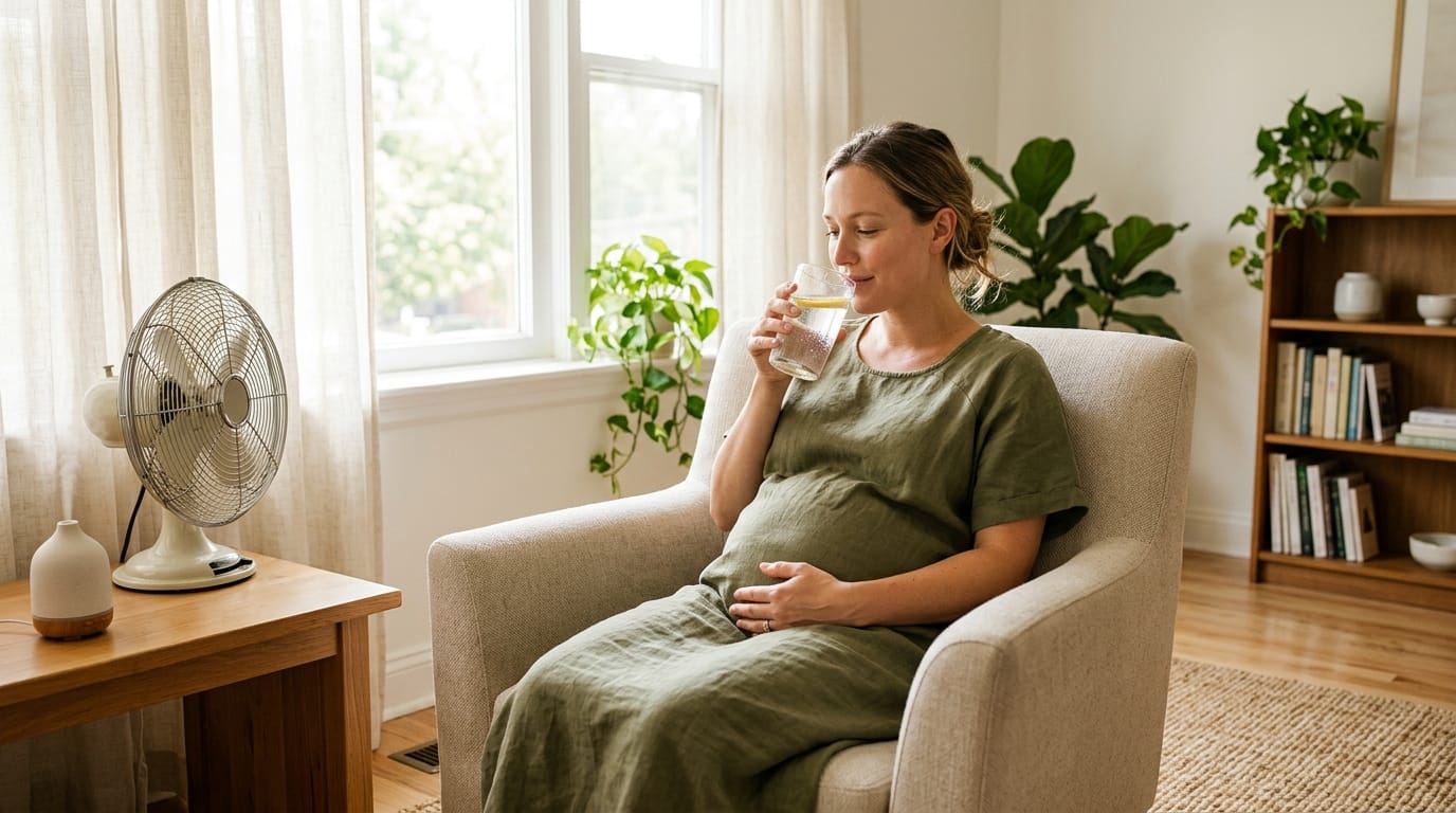 Pregnant woman staying hydrated during a summer heat wave