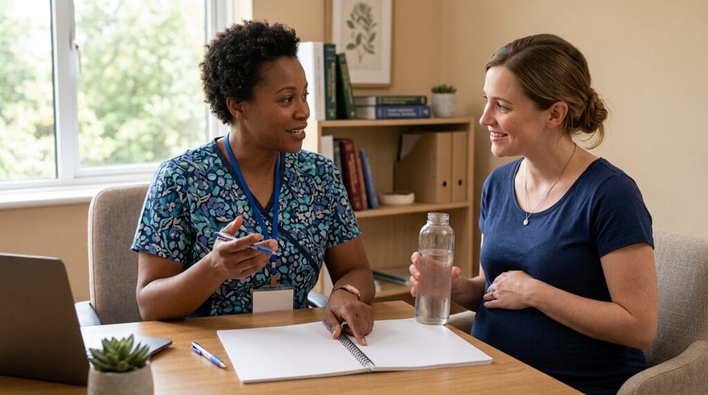 Prenatal provider discussing heat safety plan with pregnant patient