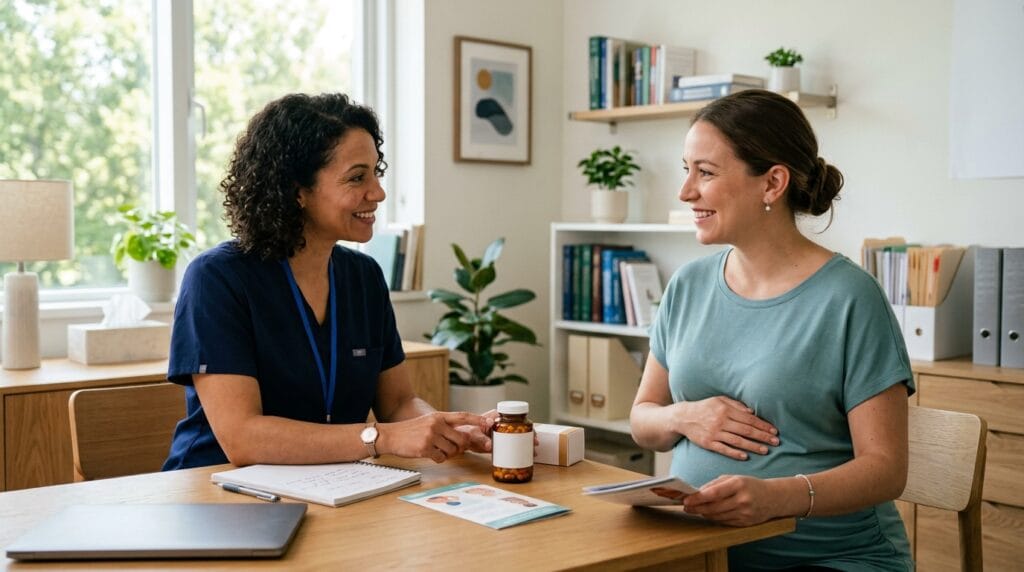 Prenatal provider discussing vitamin choices with pregnant patient