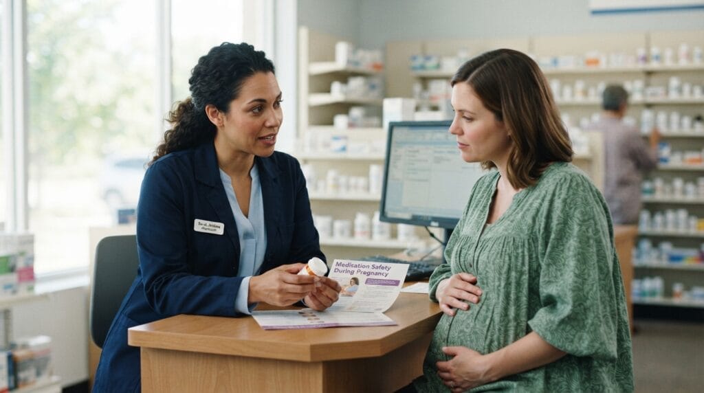 Pharmacist counseling a patient about pregnancy medication safety