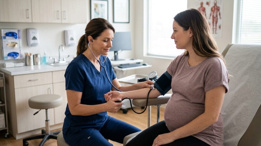 Healthcare professional checking blood pressure during a prenatal care appointment