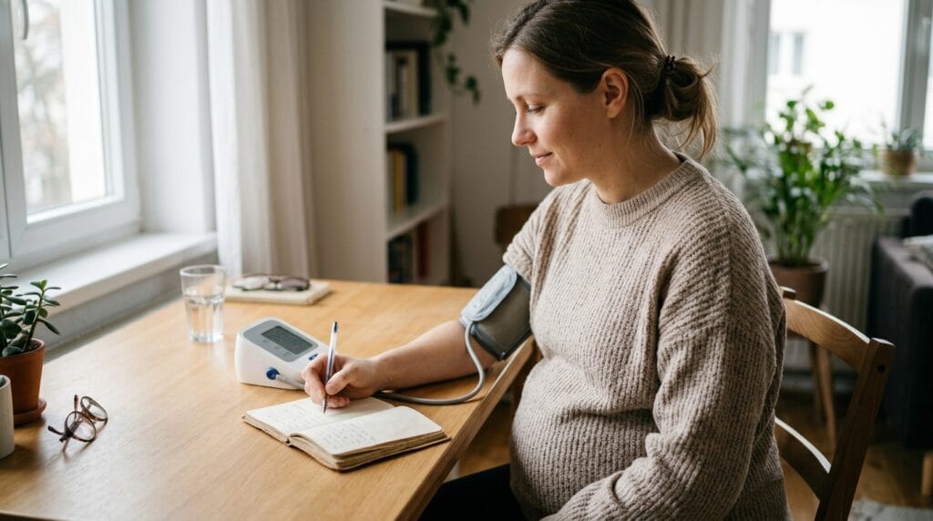 Pregnant woman recording blood pressure readings to discuss with her prenatal healthcare team