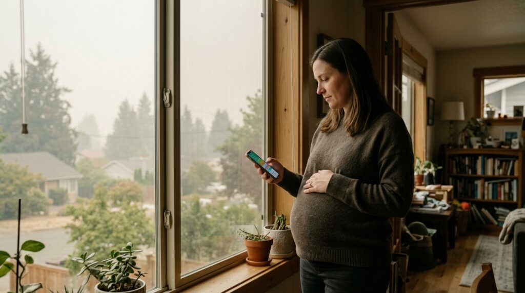 Pregnant woman stays indoors during smoke