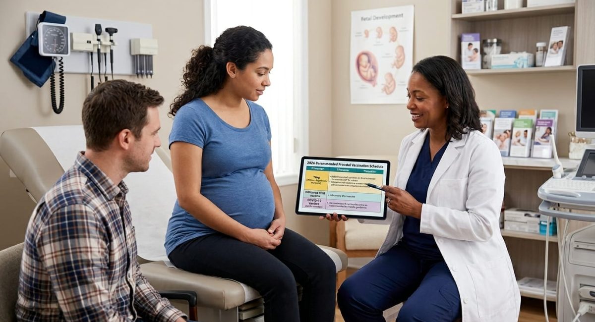Pregnancy vaccine schedule 2026 reviewed during a prenatal care appointment
