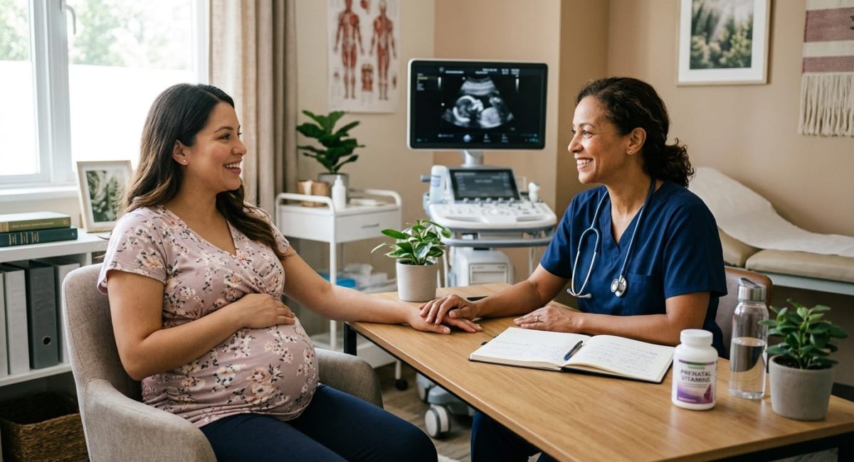 Pregnant woman attending an early prenatal care visit in the first trimester