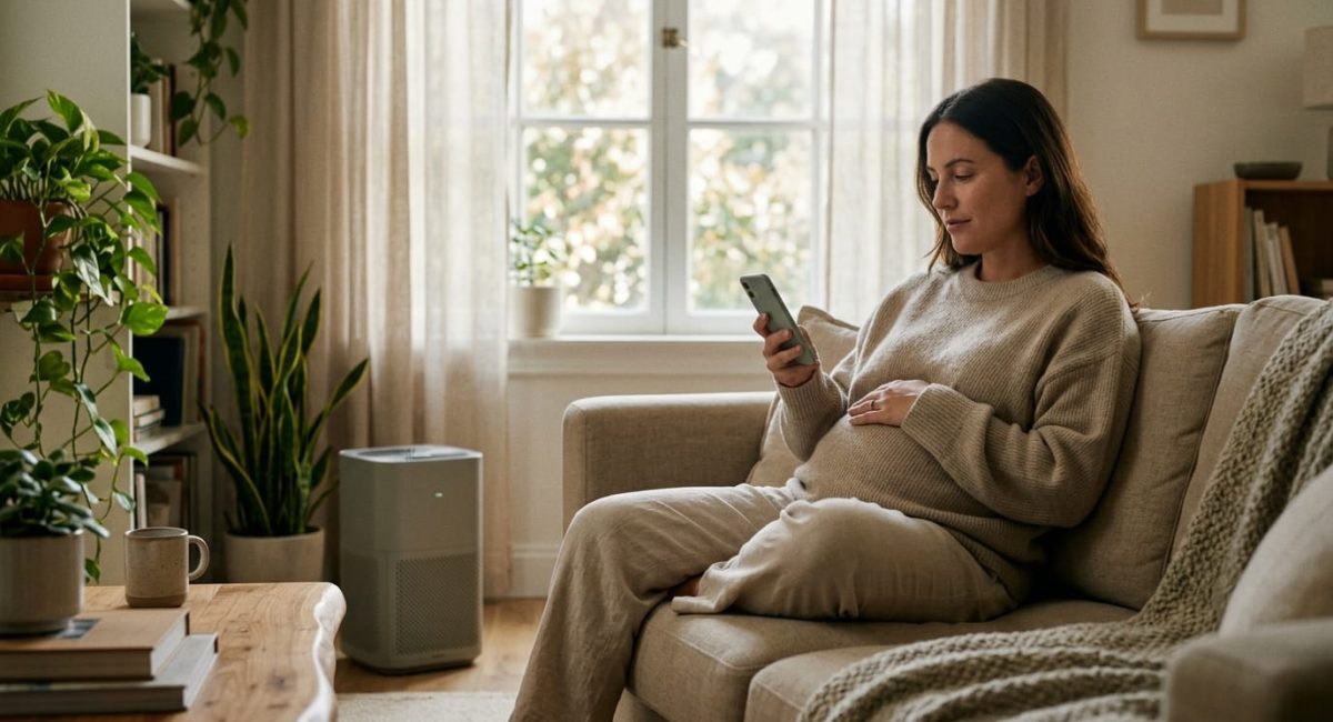 Pregnant woman checks air quality indoors