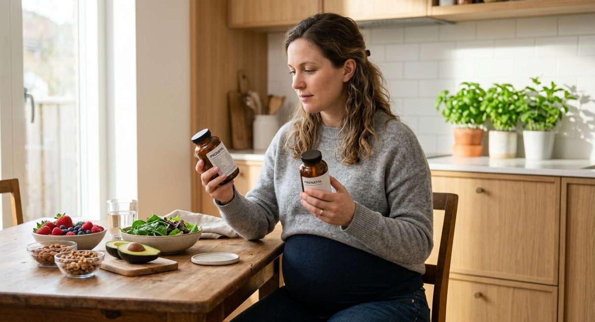 Pregnant woman comparing prenatal vitamins at home