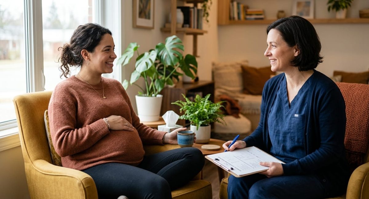 Pregnant woman discussing perinatal mental health screening with her provider