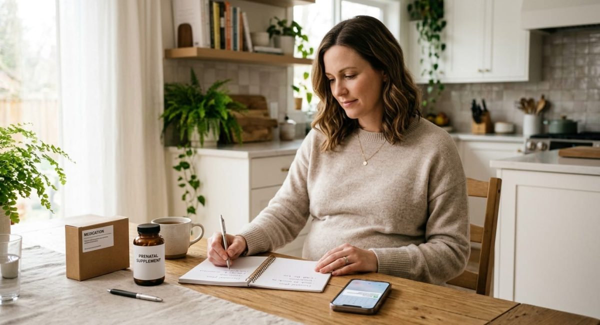 Pregnant woman planning medication questions with her prenatal provider