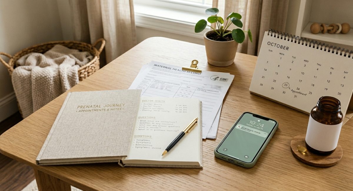 Pregnant woman reviewing measles and pregnancy vaccine records at home