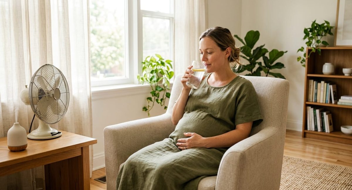 Pregnant woman staying hydrated during a summer heat wave